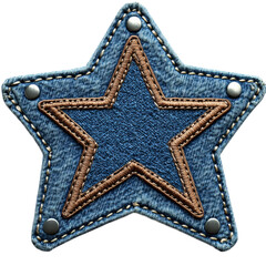 Denim star patch with stitching details and metallic accents for sewing projects