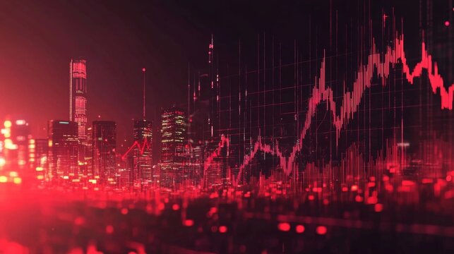 Digital illustration city skyline night background dark lit economic crisis declining graphs