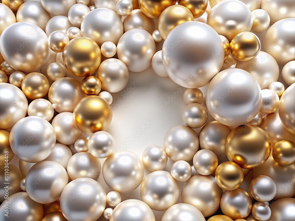Poster elegant composition of white and golden pearls and beads in 3d render, showcasing round shapes and a
