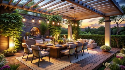 Fototapeta premium Elegant Contemporary Patio Dining Under a Pergola with Ambient Lighting and Stylish Decor for Outdoor Entertaining and Relaxation
