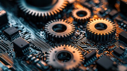 Close-up of Interconnected Gears and Circuitry Highlighting Advanced Technology in a Futuristic Setting with Glowing Elements and Intricate Details