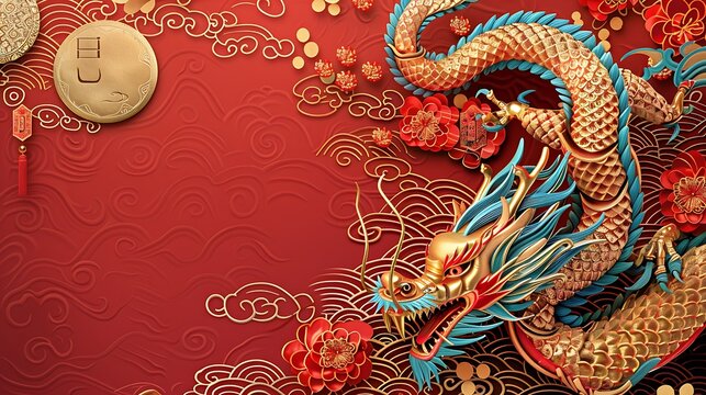 Happy chinese new year 2025 background is red and gold and the lunar sign of the dragon has blossom candle motifs