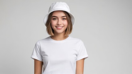 Teenage girl with short hair wearing white t-shirt and white bucket hat isolated on grey background