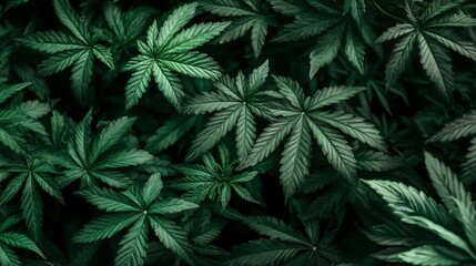 Close-up group green cannabis leaves are arranged lush