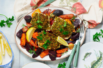 Breadcrumb crusted cod fillet and baked root vegetables