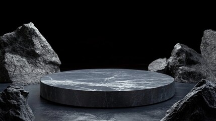 Fototapeta premium Circular platform middle dark room large rocks either black stone podium