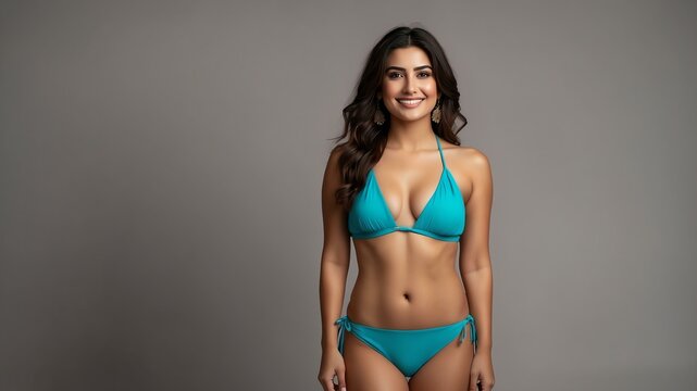 A confident pashtun woman in a stylish bikini swimsuit stands in a studio, smiling at the camera with copy space
