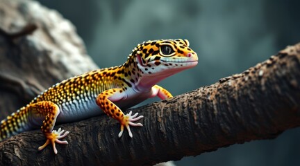 Obraz premium Leopard Gecko on Twigs: A Cinematic Nature Portrait