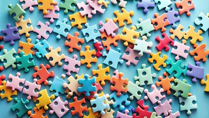 A vibrant arrangement of colorful puzzle pieces scattered on a blue background, symbolizing the interconnectedness and potential for completion.