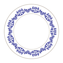Porcelain plate with oriental blue on white with gold abstract floral ornament in traditional China design style. Vintage, ethnic Porcelain Plate floral design. Frame for round surfaces, embroidery