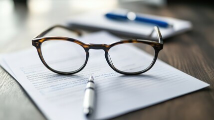 Eyeglasses, pen, and document on desk.