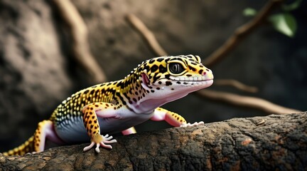 Naklejka premium Leopard Gecko on Twigs: A Cinematic Nature Portrait
