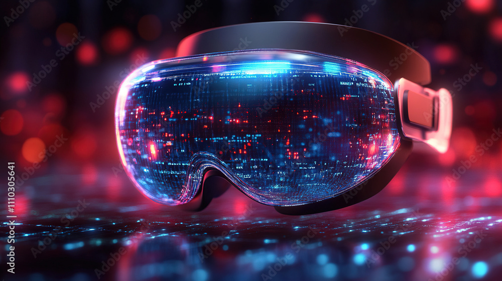 Poster futuristic virtual reality goggles showcasing digital data in a vibrant, tech-inspired environment. 