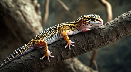 Naklejka premium Leopard Gecko on Twigs: A Cinematic Nature Portrait