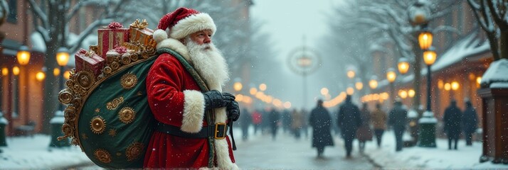 Santa claus walking in snowy holiday street with gifts and christmas decorations