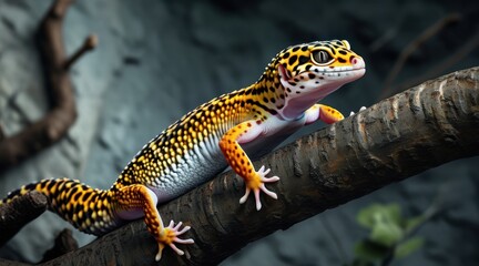 Obraz premium Leopard Gecko on Twigs: A Cinematic Nature Portrait