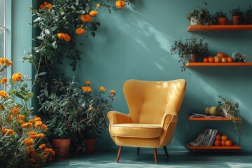Sunlit room with yellow armchair, plants, and shelves.