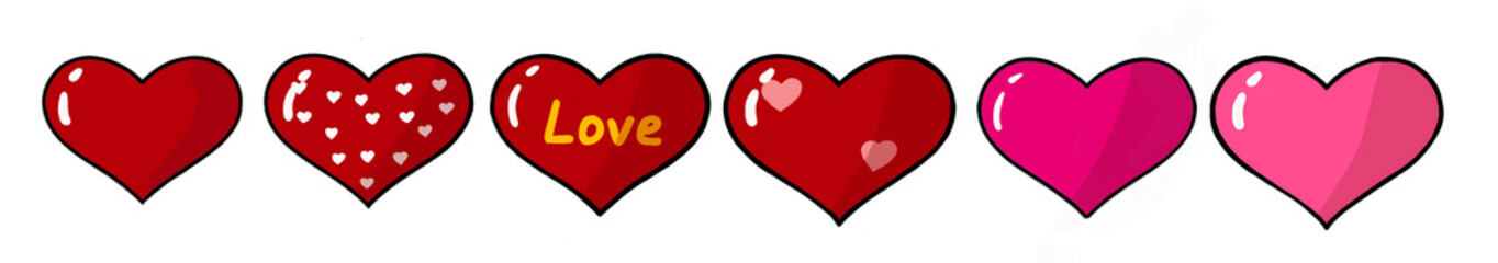 Set of Colorful Cartoon Hearts with Love Designs for Valentine’s Day