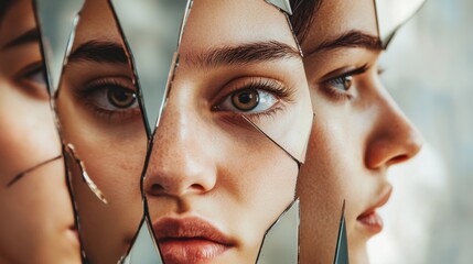 Gender inequality represented by a fragmented mirror with an uneven reflection of diverse faces, Emphasizing the disparity and challenges faced by different genders, minimalist style