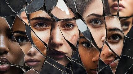 Gender inequality represented by a fragmented mirror with an uneven reflection of diverse faces, Emphasizing the disparity and challenges faced by different genders, minimalist style