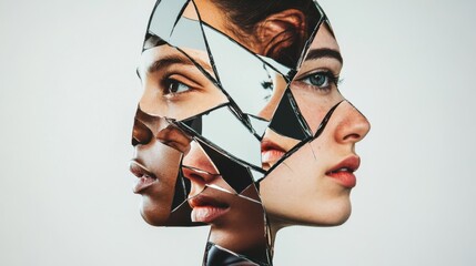 Gender inequality represented by a fragmented mirror with an uneven reflection of diverse faces, Emphasizing the disparity and challenges faced by different genders, minimalist style