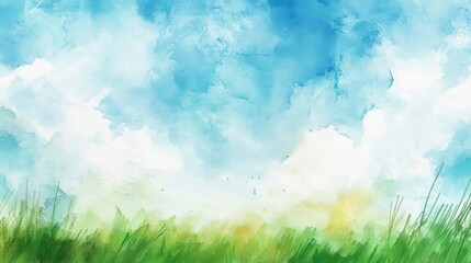 Watercolor painting grassy field blue sky background filled blurred horizon abstract