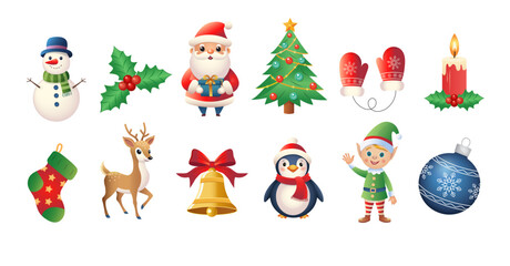 A set of Christmas illustrations. Suitable for winter and New Year themes. Santa Claus; deer; penguin; snowman; candle; sock; holly; Christmas tree; bell; mittens; Christmas ball.