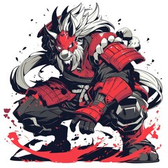 Fierce anthro wolf samurai in red armor.