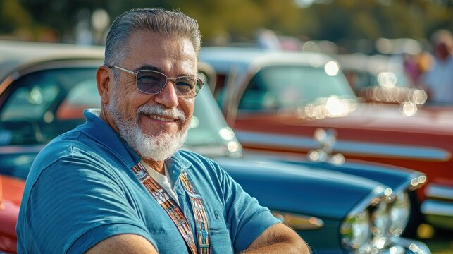 A classic car enthusiast participating in a vintage car show, showcasing his prized vehicle among other collectors.