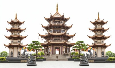 Fototapeta premium Three tiered pagodas, courtyard, sculpted figures, landscaping.