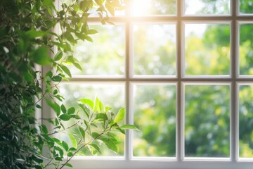 Sunlight streams through window, green foliage nearby.