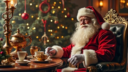 Jolly santa claus enjoying tea in festive holiday decor