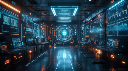 High-tech control room with illuminated screens and futuristic interface elements in a dark environment. Generative AI