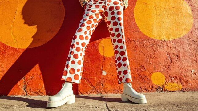 A man dressed in a 1970s-inspired fashion look, featuring high-waisted trousers, platform shoes, and bold prints.