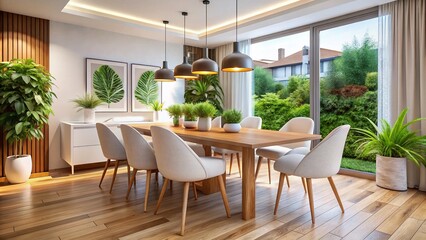 Elegant Modern Dining Room Setup Featuring Wooden Table, White Chairs, and Decorative Plants for a Chic and Inviting Atmosphere