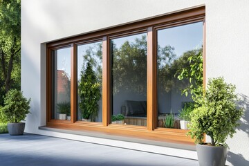 Large window, wooden frame, potted plants, patio.