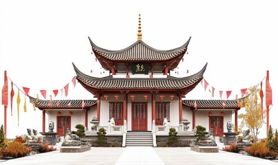 Fototapeta premium Ornate Asian temple, serene garden, festive flags.