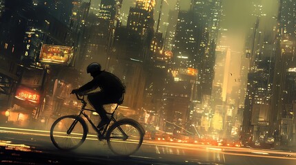 Cyclist Rides Through Futuristic Cityscape at Night