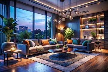 Fototapeta premium Elegant Night Photography of a Subtle and Stylish Interior Mockup Featuring Soft Lighting, Modern Decor, and a Cozy Atmosphere for Contemporary Living Spaces