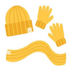 Winter set accessories in yellow color. Hat, scarf, and glove with striped pattern. Hand drawn vector illustration