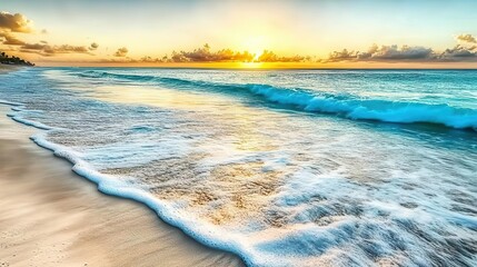Travel image with a beautiful beach with soft waves and the sun in the background between the clouds