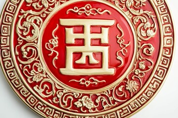 Red circular plate; gold character, ornate border.