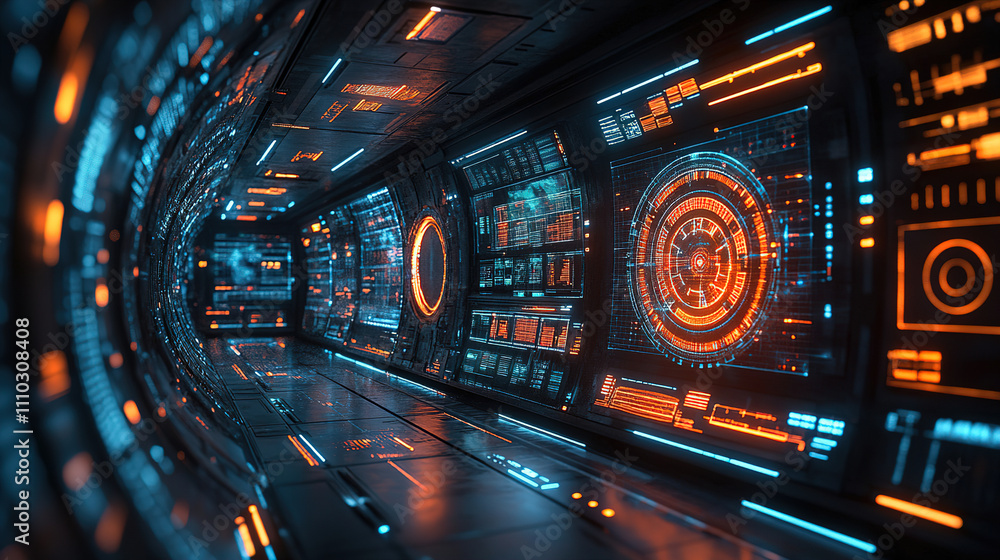 Aufkleber futuristic sci-fi corridor illuminated by vibrant neon displays and advanced technology in a digital