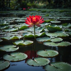 Create an image of a vivid red lotus flower at the center, surrounded by lush green circular lotus leaves.