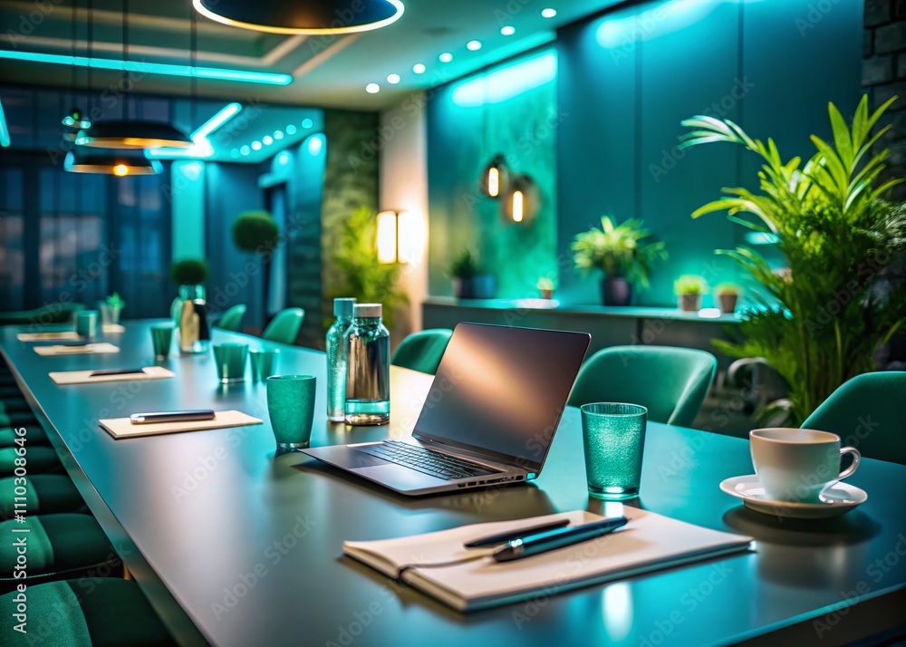 Poster elegant presentation layout with teal accents in low light setting, emphasizing modern design and pr