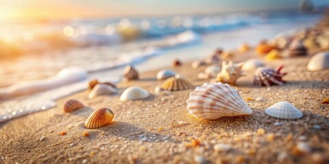Fototapeta premium Seashells scattered on the beach, the sun setting over the ocean, a beautiful reminder of summer's warmth
