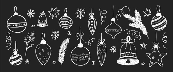 Hand drawn Christmas balls, stars and snowflakes with crayon or pencil texture. White doodle vector illustration on a blackboard.