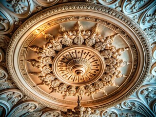 Obraz premium Elegant Portrait of a Vintage Ceiling Rose in a Luxurious Room, Showcasing Intricate Details and Ornate Patterns Under Soft Ambient Lighting for Interior Design Inspiration