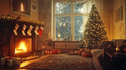  A cozy Christmas living room with a roaring fireplace, stockings hanging on the mantel, and a large tree glowing in the corner
