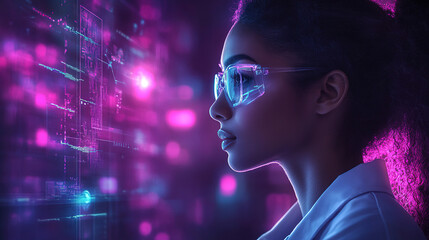 Young woman with glasses engaging in futuristic technology at a neon-lit workspace during nighttime. Generative AI